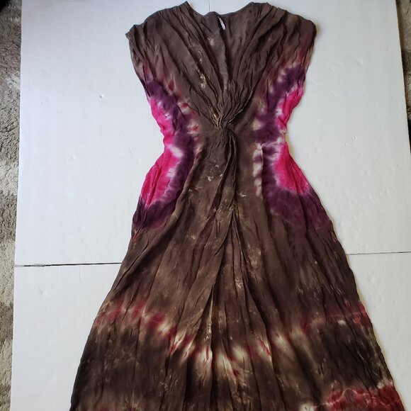 Young Fabulous & Broke Helena V-neck Tie Dye Knotted Front Brown Maxi Dress - Picture 3 of 13